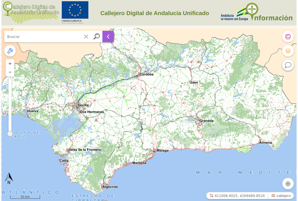 Aplicación web para geocodificar direcciones postales y buscar datos espaciales en Andalucía.